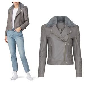 SAMANTHA SIPOS Lamb Leather Quilted Moto Jacket Faux Fur Trim Gray Size XS